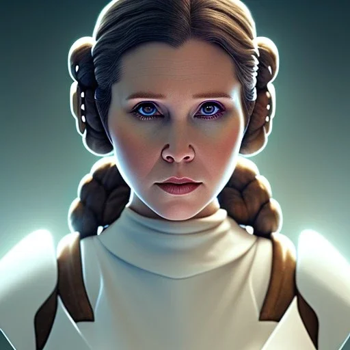 low angle beautiful half-body-portrait photo of princess leia from Star Wars played by Carrie Fisher, in the style of horizon zero dawn wlop, artgerm, akihiko yoshida, and liang xing, detailed face, doe eyes, intricate hair style, symmetrical eyes, trending on artstation, highly detailed, white dress, dynamic pose, intricate outfit, futuristic weapon, space ship and galaxy background