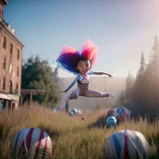 Ultra realistic circus scene. Sweet hair monster jumping. night, smooth color, waist up view, Wes Anderson style, dark ambient, highly detailed, concept art, unreal engine 5, god rays, ray tracing, RTX, lumen lighting, ultra detail, volumetric lighting, 3d, finely drawn, high definition, high resolution.