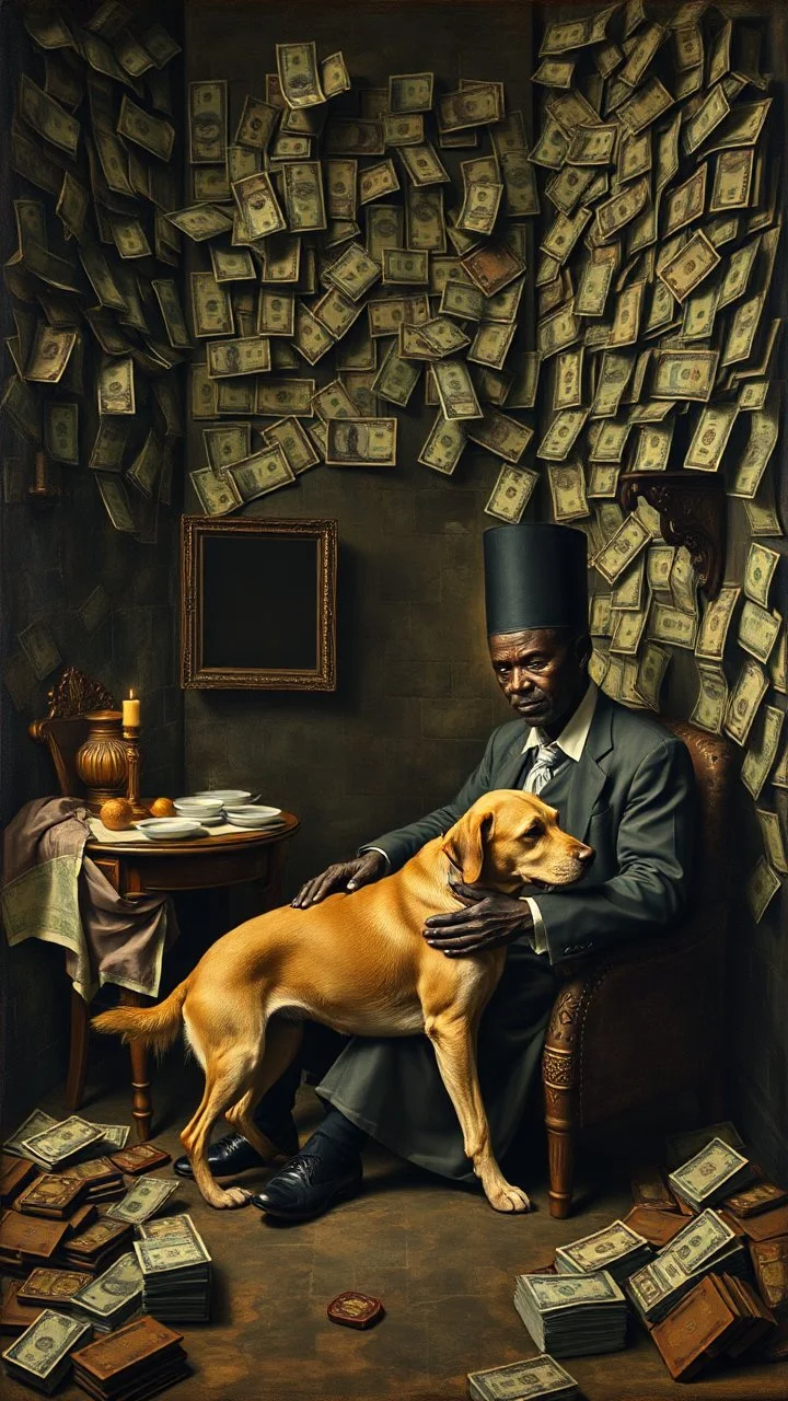 Bosch painting style nightmare, a rich man surrounded by a walls of money , sitting alone with his old dog and a black servant serving thim