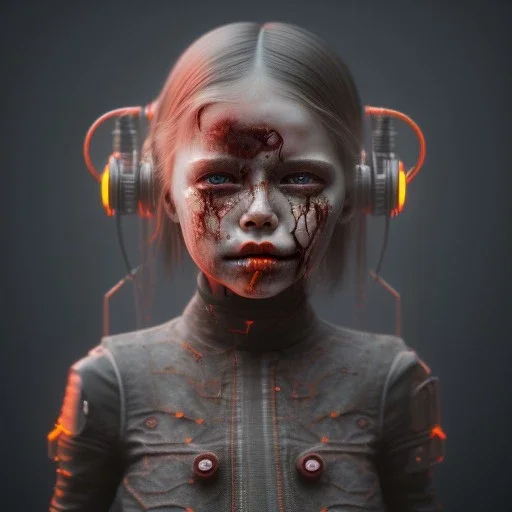 a little girl with a half cyborg face and a lot of red liquid around her, steam punk, scary, horror, realistic, made in octane, cinematic, ultra-realistic, extremely detailed octane rendering, 8K, VRAY Super Real ar 2:3, dof photorealistic futuristic 50mm lens hard lighting dark gray tintype photograph, realistic lighting, sephia colors