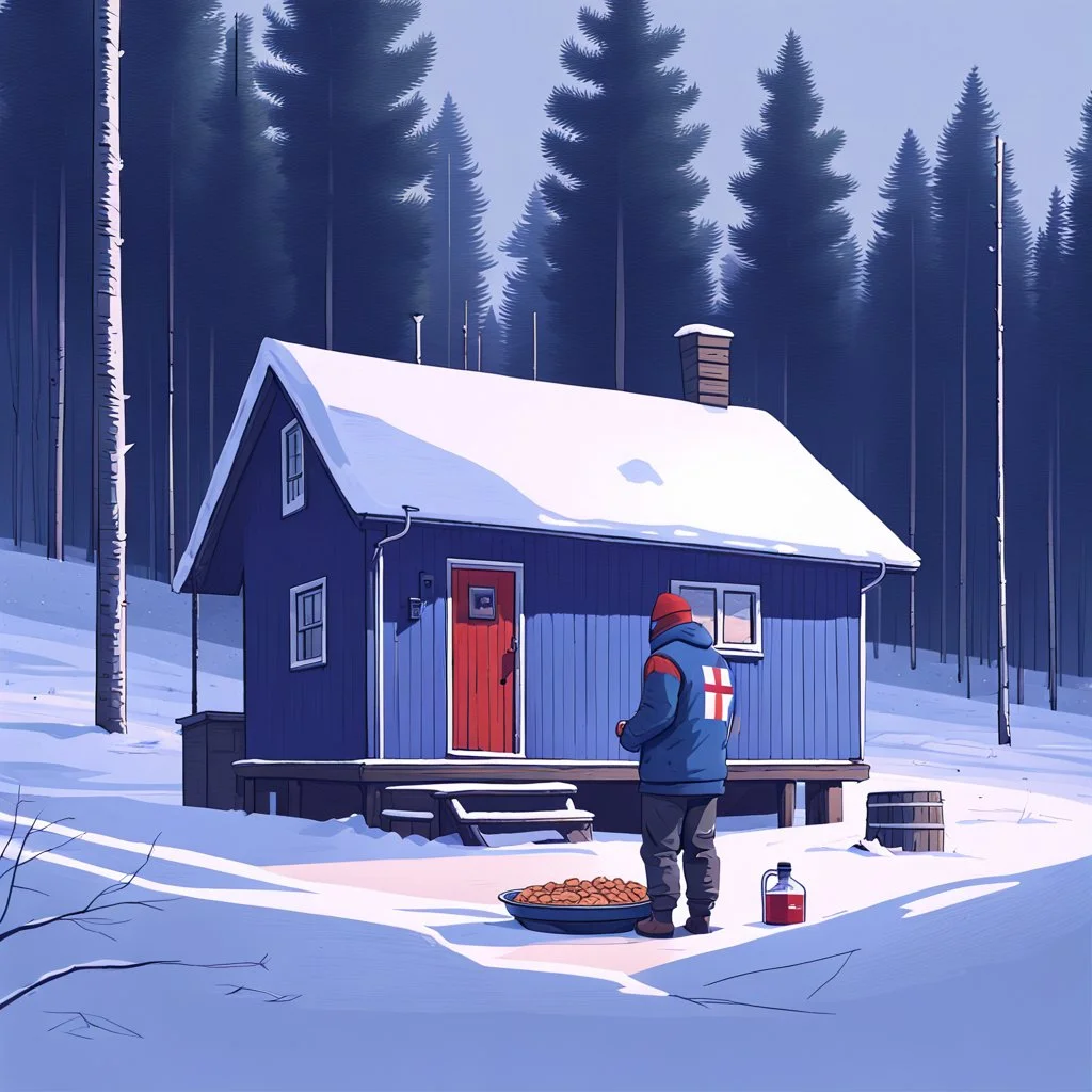 a sad Finnish man without food on his plate, outside his house in the forest, Winter, snow, very cold, Finnish flag down at half way up, Finnish flag, a bottle of Vodka in his hand, knifes and sauna, Simon Stålenhag style