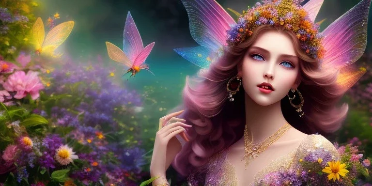 bright fairy, beautiful portrait, flowery landscape