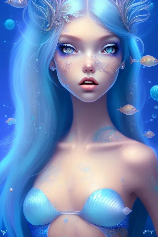 girl, cute, beautiful, mermaid, blue hair, underwater, glitter