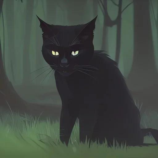 Gato negro triste en un bosque oscuro