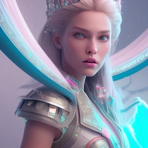 A portrait of a crystalised queen, atmospheric, realistic, unreal engine, cinematic lighting, octane render, transparent, pink turquoise light, long blond hair, pink lips, extremely sharp detail, finely tuned detail, ultra high definition, 8 k, unreal engine 5, ultra sharp focus, accurate sword wings, positive smile, highlight luminous suit blue and pink