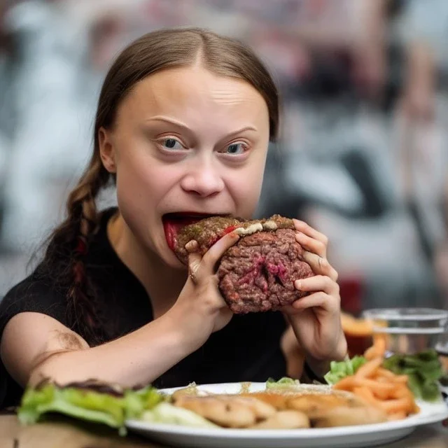 Greta Thunberg eating human meat burgers oozing with grease.full body, fantasy setting, real photo, soft lighting