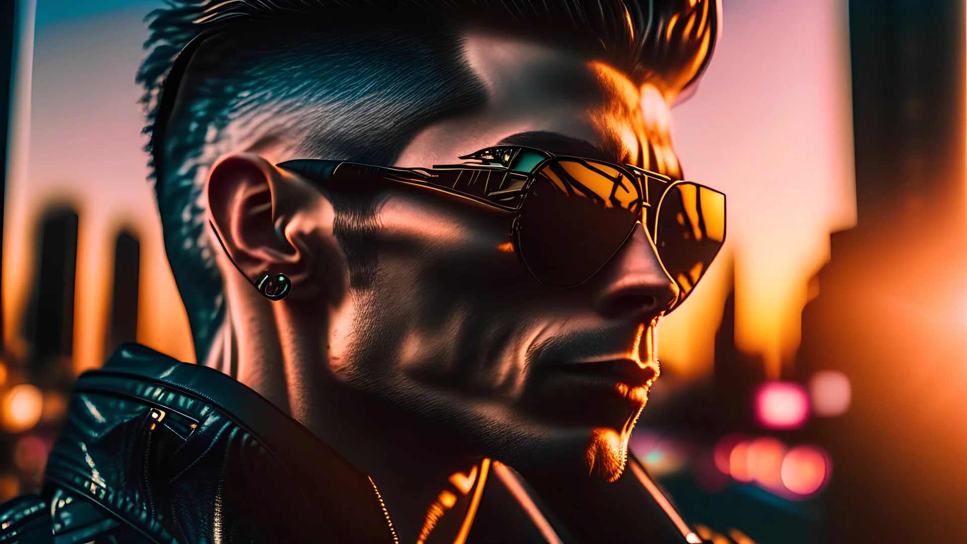 face portrait of a suave bounty hunter cyborgwith black sunglasses relaxing outside a club. sunset. intricate details. Big city background. photo real. reflections. 8k. subtle light streaks