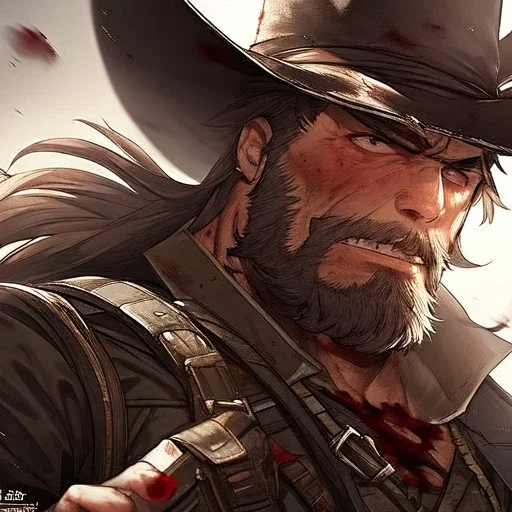 Portrait, bearded, Gunslinger, Cowboy, cowboy hat, serious face, Blood Splatter