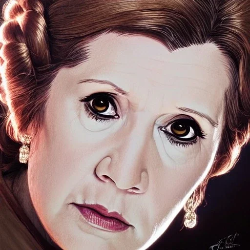 [[extrem stunning photorealistic carrie fisher as princess leia in star wars]] :: [[photorealistic brown eyes, symmetrical short hair, head and shoulders portrait, 8k resolution photorealistic portrait by Greg Rutkowski, WLOP, hyperdetailed, intricately detailed, triadic colors]]