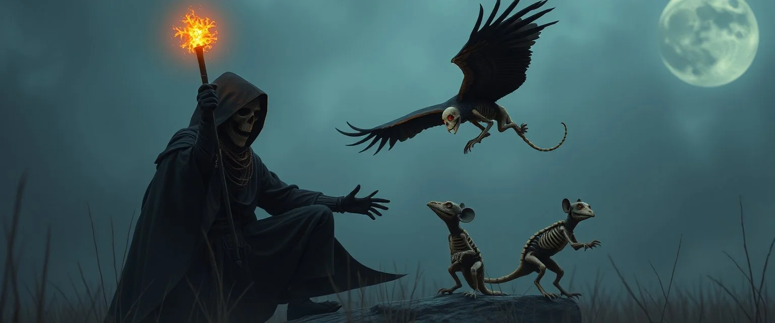 ninja necromancer in the wild, raising glowing raven furry as hell skeleton rat babies