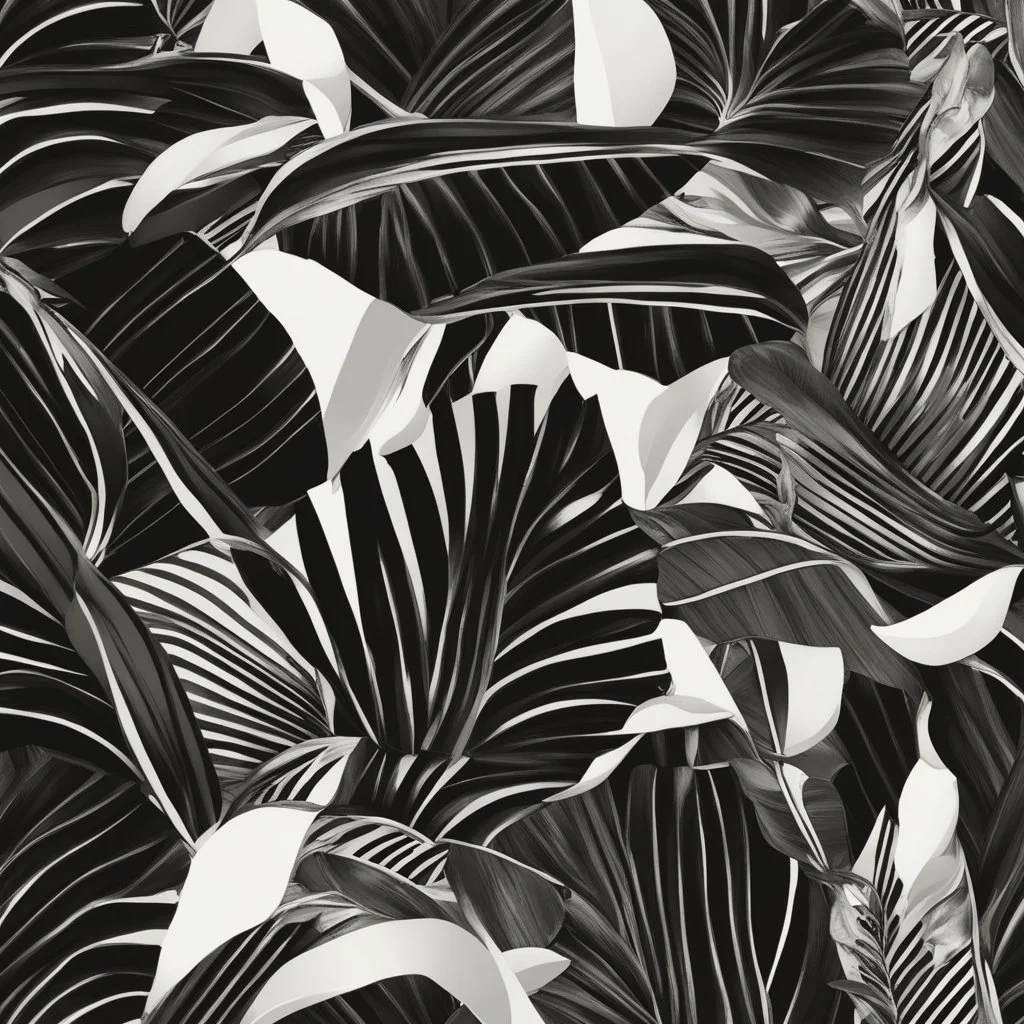 black and white, banana leafs wallpaper pattern , vector lines, same lineweight.