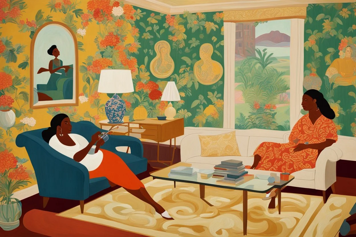 A painting of two women in a living room with vivid wallpaper by artist "Lois Mailou Jones"