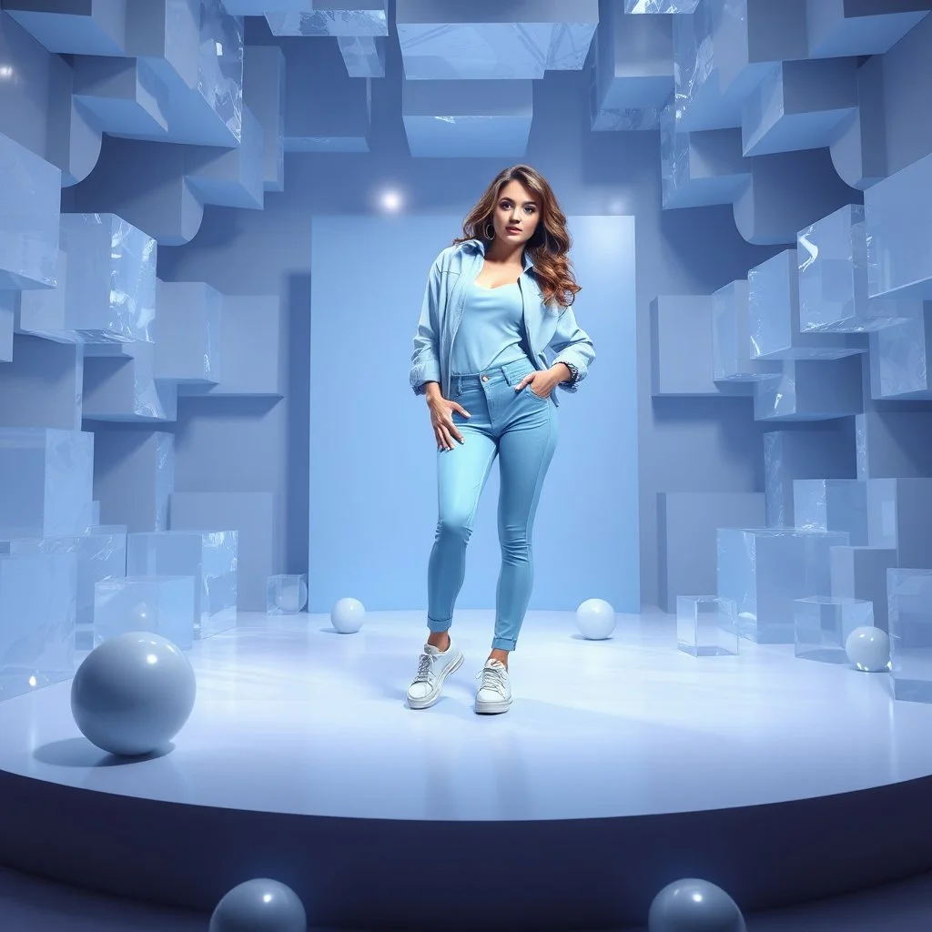 make a picture pretty stage made of crystal cyan-gray teme 3d fractal recursive cubic and sphere base structures and a beautiful fashion model lady posing with cute,with blue teme Chic style pants with a tight shirt and jacket,sport shoes ,makeup curvy long hair,dynamic camera zoom to full body and pan, dynamic lights.