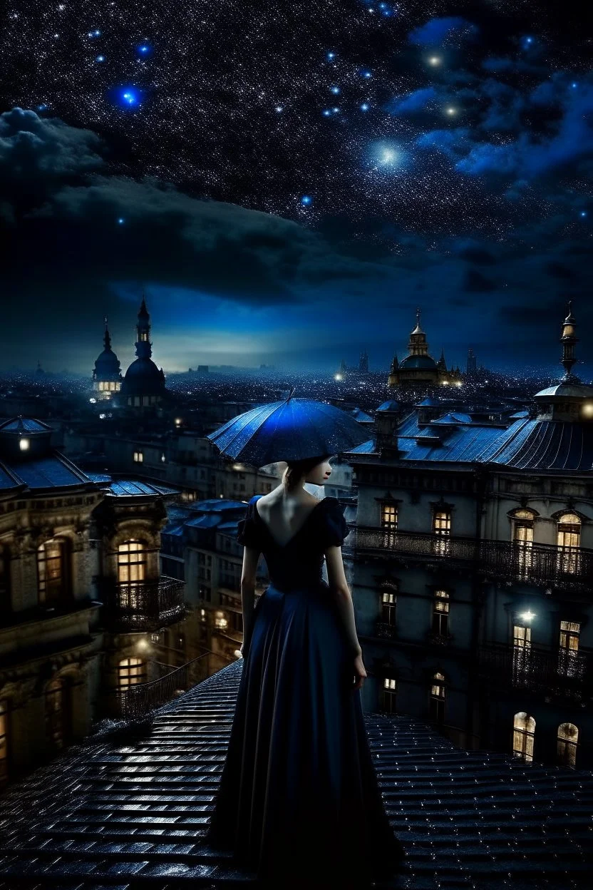 Under a starry umbrella and cityscape long dress, she’s the queen of the night, dark deep colours, stary dark blue sky, high sharped, dtelied, cinematic, atmospheric, weird, crepy stunning