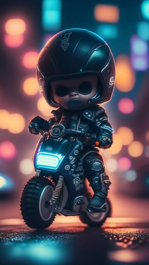 A cute Kawaii tiny hyper realistic baby robocop riding mini harley davidson, wearing bikers clothes with freestyle action, night of cyberpunk city background. wide angle full body, 8k, Cinematography, photorealistic,epic composition Unreal Engine,Cinematic, Color Grading, Portrait Photography,Ultra-Wide Angle, Depth of Field, hyper detailed