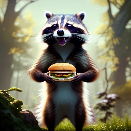 portrait of a male anthropomorphic raccoon holding a burger. character design by cory loftis, fenghua zhong, ryohei hase, ismail inceoglu and ruan jia. unreal engine 5, artistic lighting, highly detailed, photorealistic, fantasy.