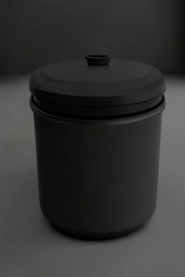 black container, plastic, realism, with screw lid, no labels, round container, view from the front, dark studio setting