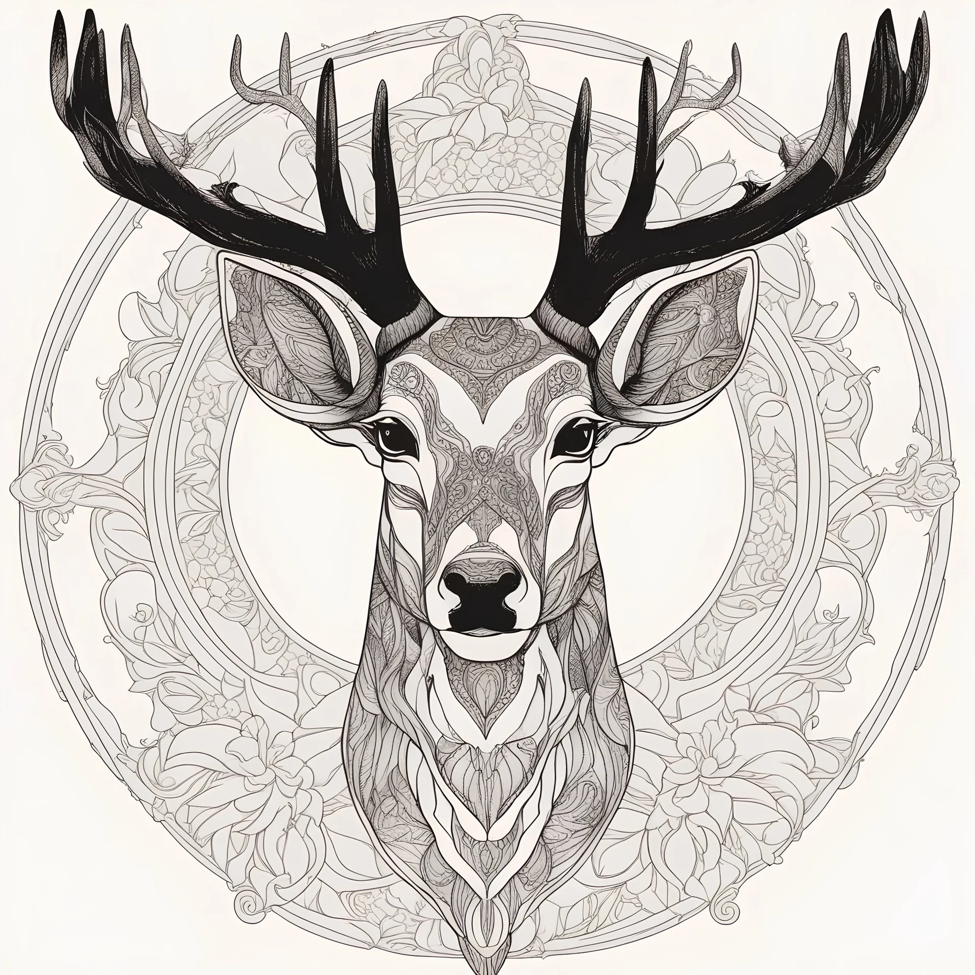 outline art, coloring pages, white Background, sketch style, only use outline, mandala stile, clean line art, white background, no shadow and clear and well, MANDALA MALE DEER