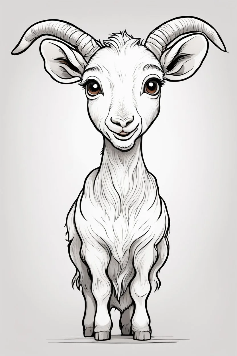 create a outlined cartoon coloring page of a baby goat . Pay attention to the details of the faces and White background, sketch style, half of body, use outline, clean line art, no shadows, no coloring, no shading, no grey.