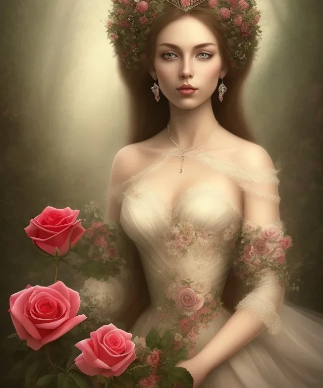 portrait borders head Princess with big bobs long hairs black eyes no top with roses