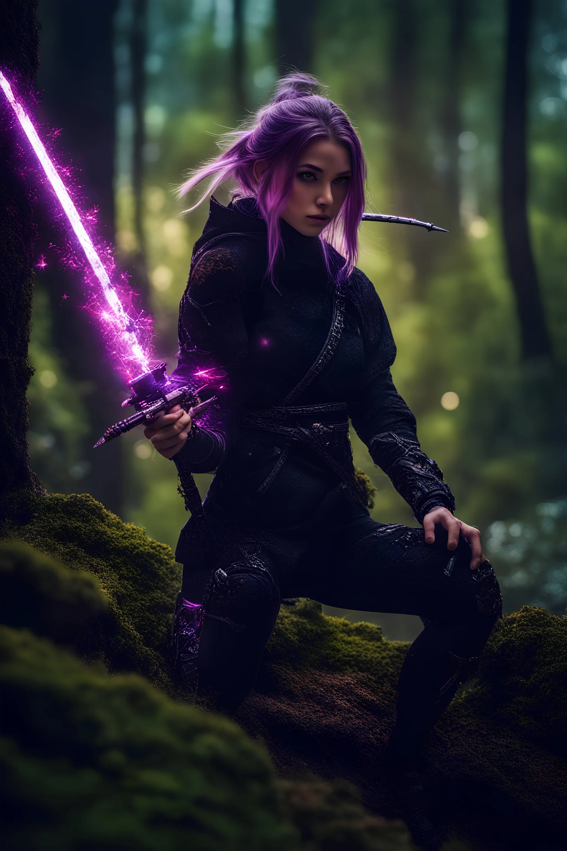 girl in the forest, sparks around her, galaxy on background,ninja girl sparks cybernetic,terrario with universe in, high lighting, intricate, 8k, macro photography, sparks around,enchanted girl with katana, protecting a cute bunny, on top of the mountain, 8k, macro photography, sparks around,