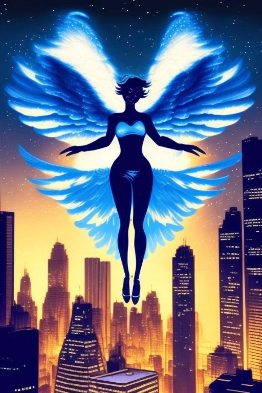 A flying angel over the tall buildings in a city at deep blue night.