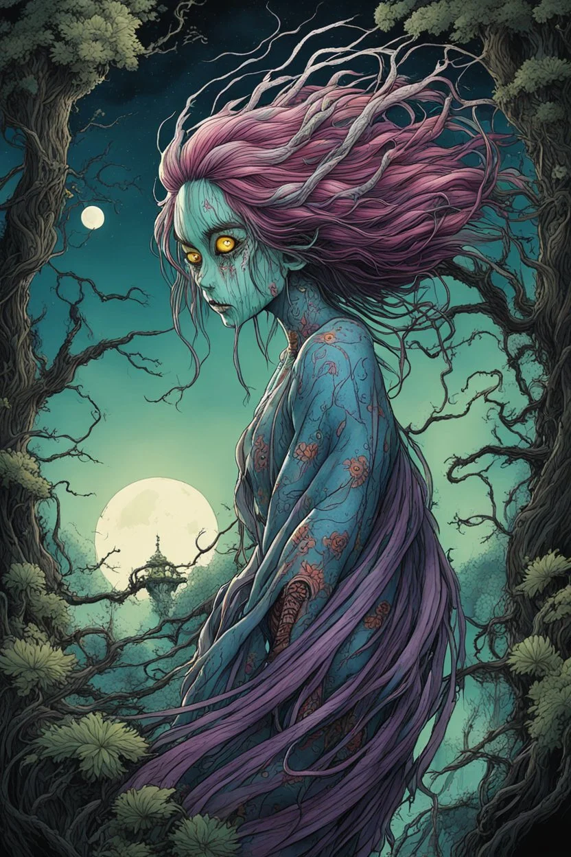 full color, full body illustration of a haggard and malevolent Harionago yokai "Barbed Woman" with wild, highly detailed hair and slim, narrow facial features, in a haunted Chaniwa garden, pierced by shafts of moonlight , art in the style of Alex Pardee, spirited away, studio ghibli, , 8k , finely detailed and precise line work, soft gauzy pastel colors