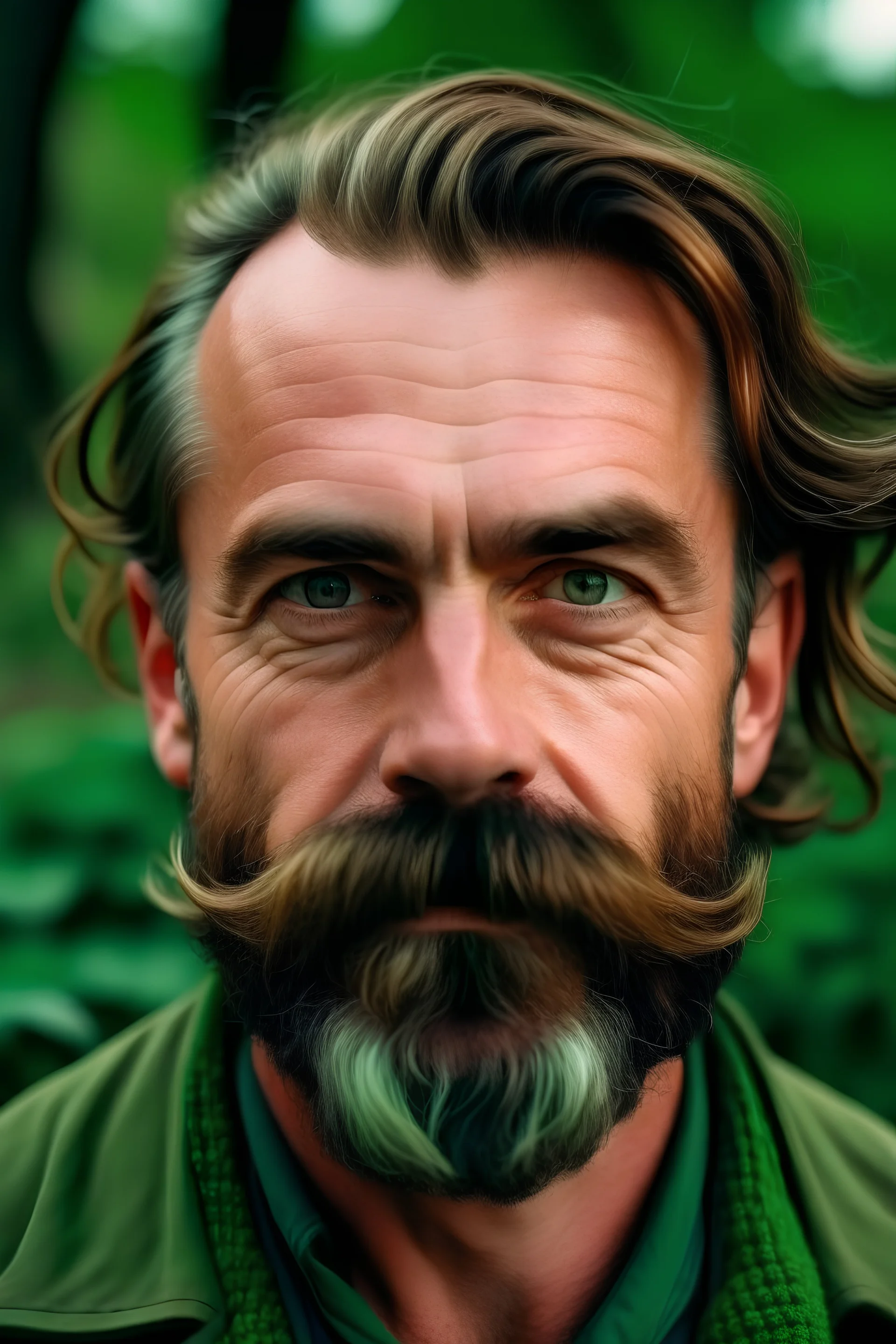 portrait of a handsome 40 year old man, earthbound, his favorite colors are all shades of green, his favorite place is in the wood or in the garden, his has big mustache and reddish brown hair, highlander vibes