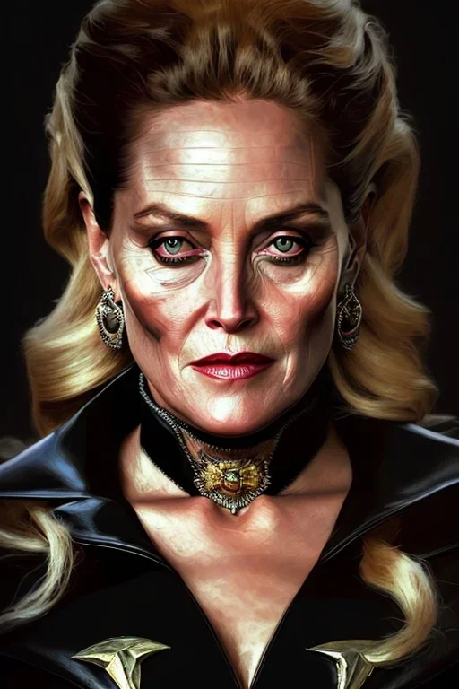 painting of Sharon Stone as evil queen in black leather gown, feminie, angry, stern look on her face, emperious, highly detailed, digital painting, artstation, concept art, smooth, sharp focus, illustration, art by gaston bussiere and alphonse mucha