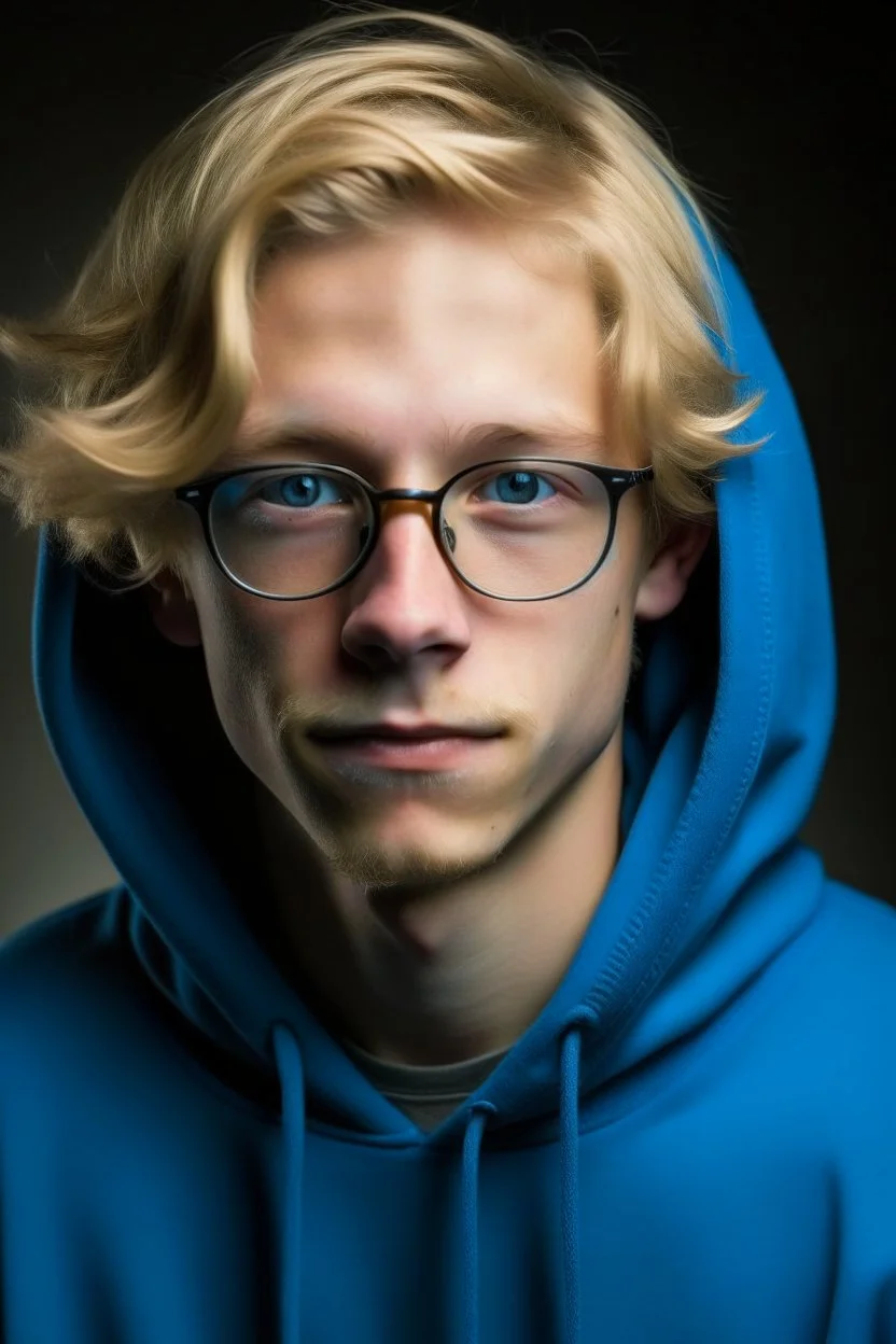 An young man with glasses, fluffy blonde hair, wearing a blue hoodie