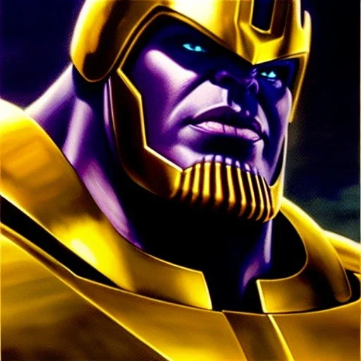 fullbody portrait in oil on canvas of Thanos with Big Golden Hulkbuster armor, intense stare, masterpiece, realistic, intricate detail, sci-fi fantasy style, volumetric lighting, particles, highly detailed ,cinematic , deep colours, 8k, by Robert E Howard and Ken Kelly