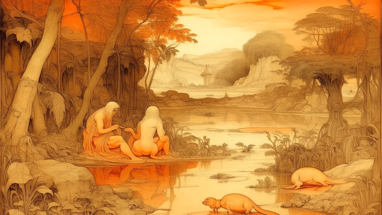 A light rosy orange swamp with amphibians painted by Leonardo da Vinci