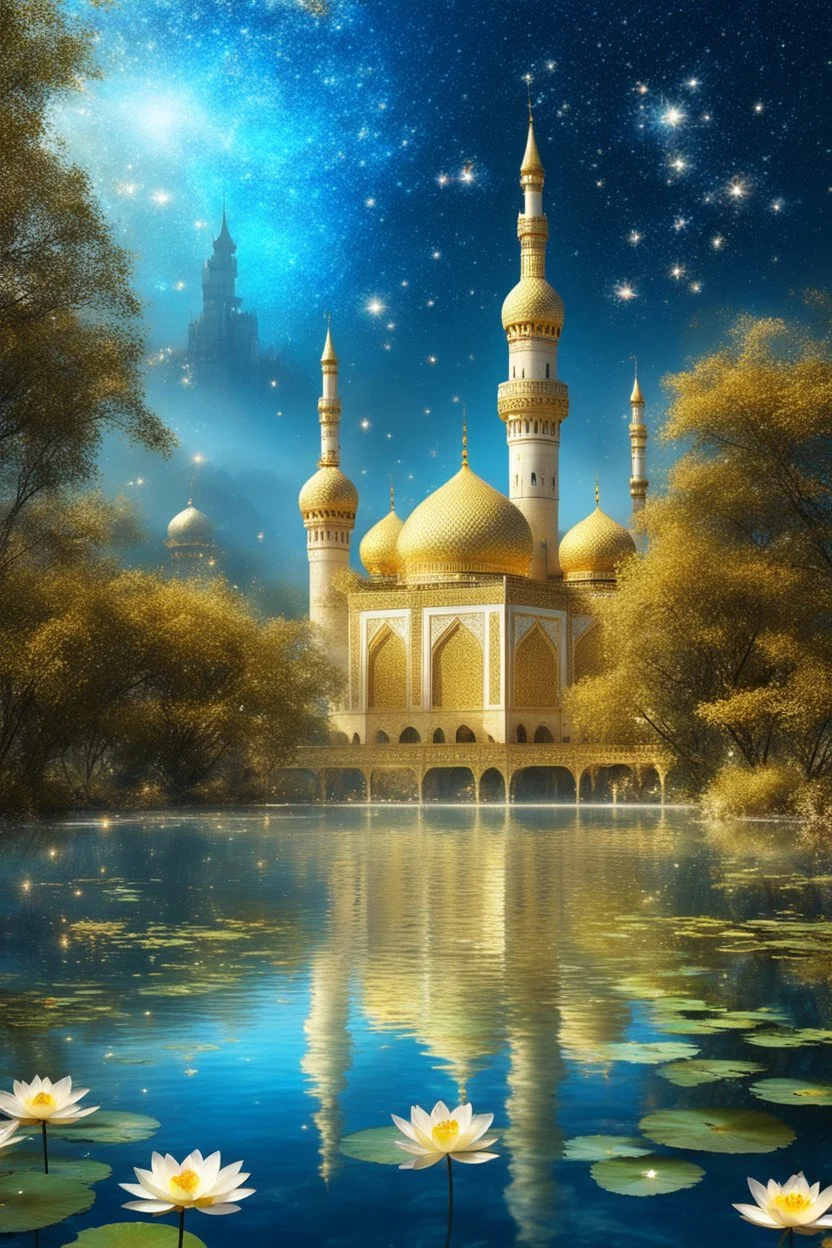 Wonderful islamic Mosque golden colors of a magic lake full of lotus flowers and fairytale castle in the background with sparkling white stars tiny electric blue butterflies