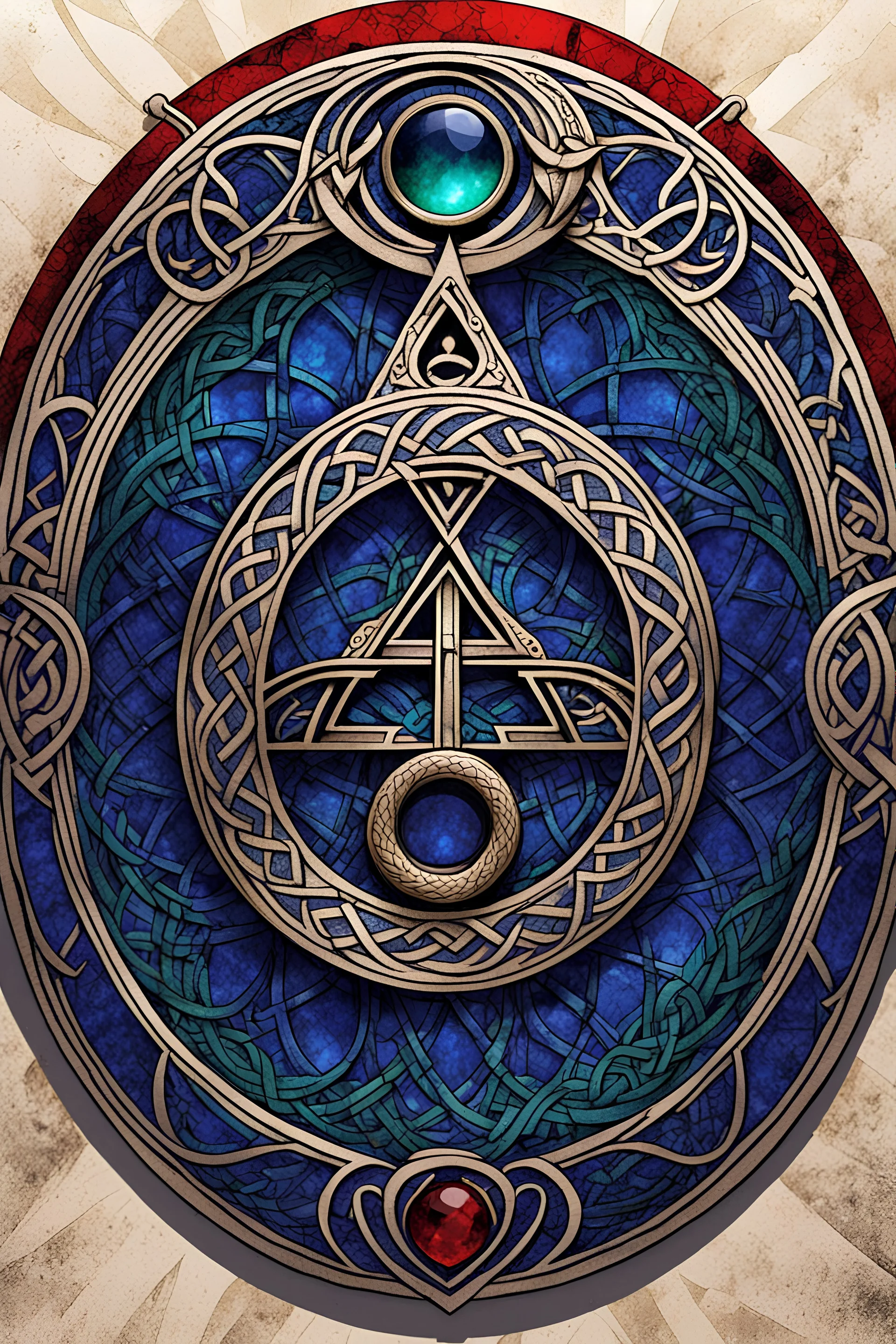the logo of an ancient Celtic female vampire coven , in the form of highly detailed triskele and knotwork, made from lapis lazuli, emerald, and ruby, with the all seeing eye at its center fashioned as a clasp, in the comic book style of Bill Sienkiewicz, Jean Giraud Moebius, and Enki Bilal, boldly inked, 4k, finely wrought metal work