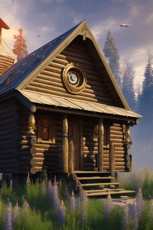 hyper detail, hyper realism, 4k, high quality, small wooden cabin, flowers, steampunk, cinematic lighting, mountain,