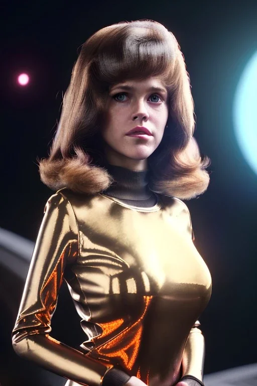 Ultra Realistic retro sci-fi scene, portrait, brunette woman, sweet young Jane fonda face, perfect iris, glow eyes, makeup. Alien Saturn background, Retro sci-fi style, helmet, tight latex coat, fog, rain, soft color, highly detailed, unreal engine 5, ray tracing, RTX, lumen lighting, ultra detail, volumetric lighting, 3d, finely drawn, high definition, high resolution.