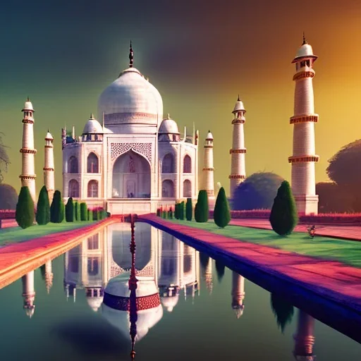The Taj Mahal, Hindistan, sunset, fantasy art, flying birds, springs, landscape, beautiful