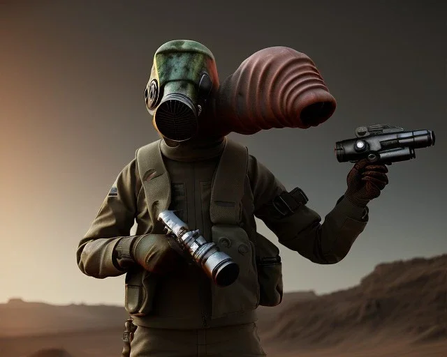 Alien, gas mask, holding gun, hands, Mars, metal, hammerhead, backpack