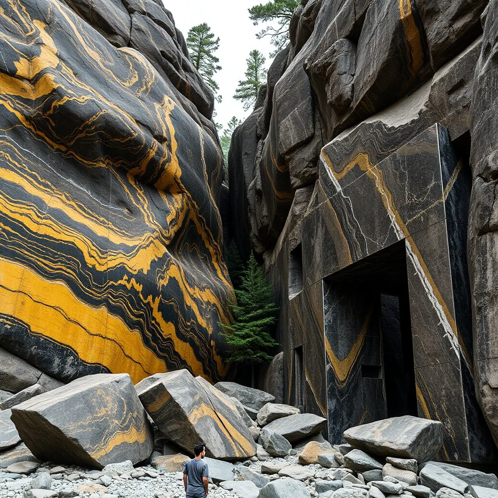 Stupenda immagine di un paesaggio naturale con marmi striati di giallo scuro e carbone imponenti accanto a strutture artificiali. Queste strutture sembrano blocchi riflettenti, che creano un contrasto tra il naturale e l'artificiale. Persona osserva. La scena trasmette un senso di sospensione e dialogo tra elementi organici. Dettagli delle rocce molto accentuati. Enorme portale. Pini marittimi.