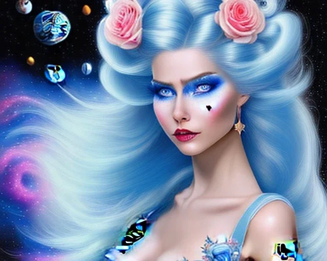 jolie femme galactique cosmonaute avec longs cheveux bleus dans un paysage cosmique - joli visage souriant et beau corps bien formé , beaux yeux bleus - grandes ailes bleu ciel , ciel bleu fleurs blanches et roses. robe en soie, jolies dents, jolis yeux, picture precise and hight quality,ambiance rose pÂle, combinaison de cosmonaute