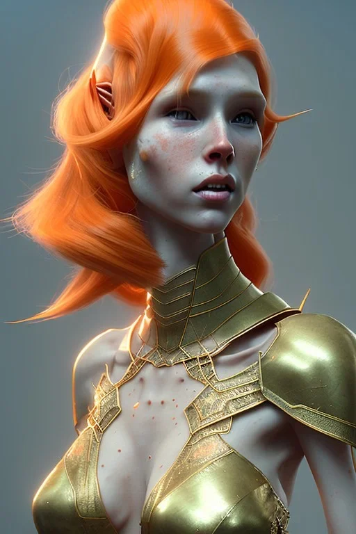 painting of a tall elven young woman with short light orange hair and freckles on the cheak bones and tall body of a topmodel light clothes, full shot, ultra realistic, concept art, intricate details, eerie, highly detailed, photorealistic, octane render, 8 k, unreal engine. art by artgerm and greg rutkowski and charlie bowater and magali villeneuve and alphonse mucha