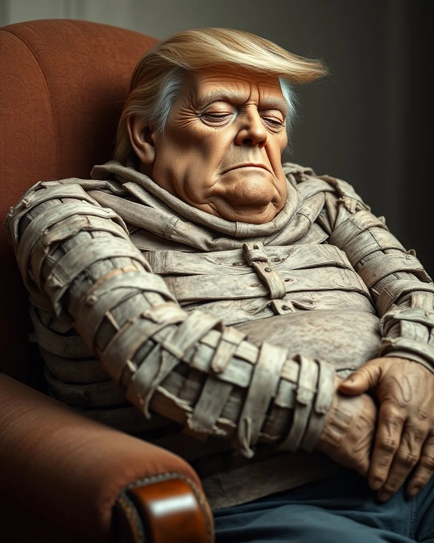 a chubby really old decrepit realistic male mummy, looks similar to donald trump, eyes closed, leaned over in a brown chair