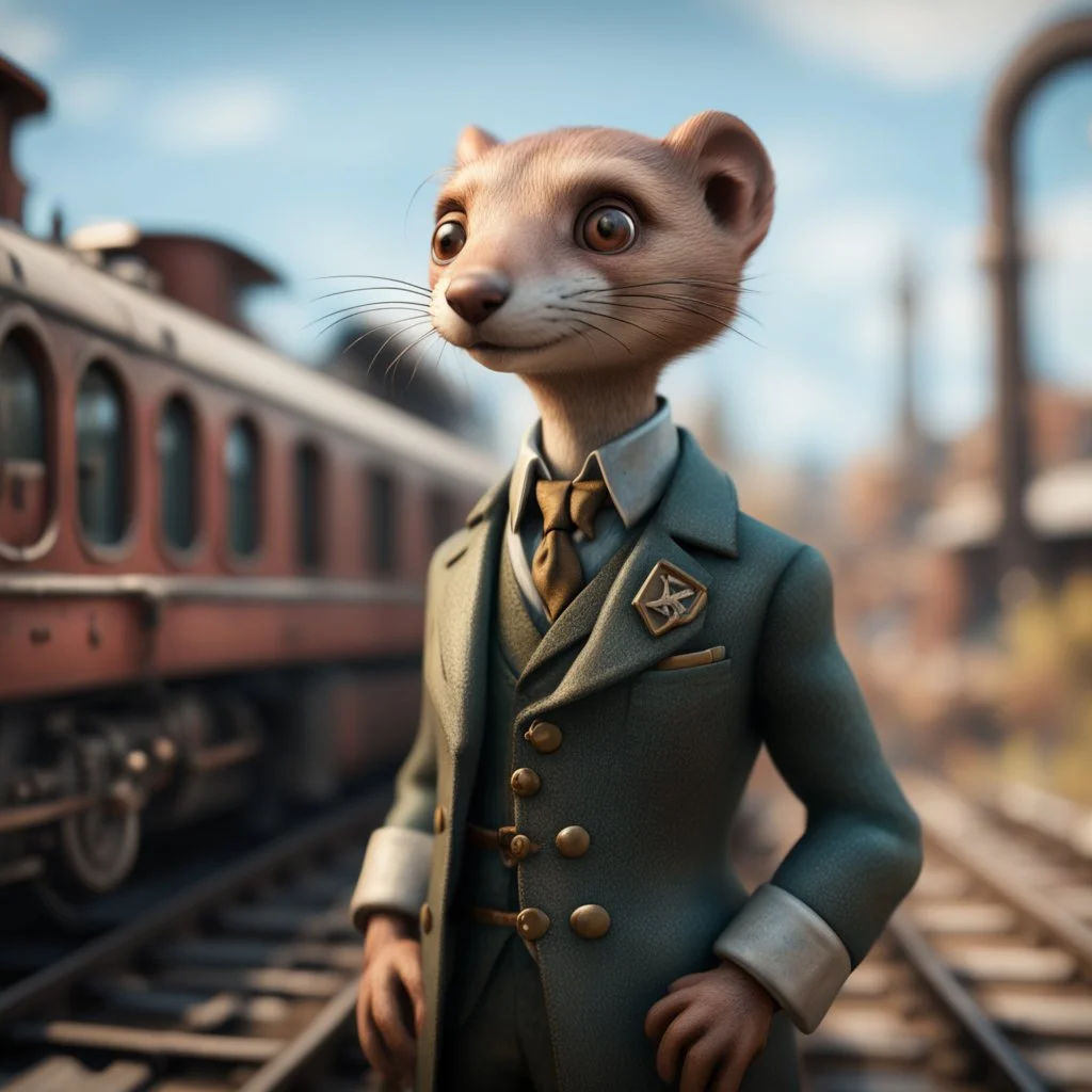 old train that looks like a weasel conductor wearing monocle, in the style of a fallout 4,bokeh like f/0.8, tilt-shift lens 8k, high detail, smooth render, down-light, unreal engine, prize winning