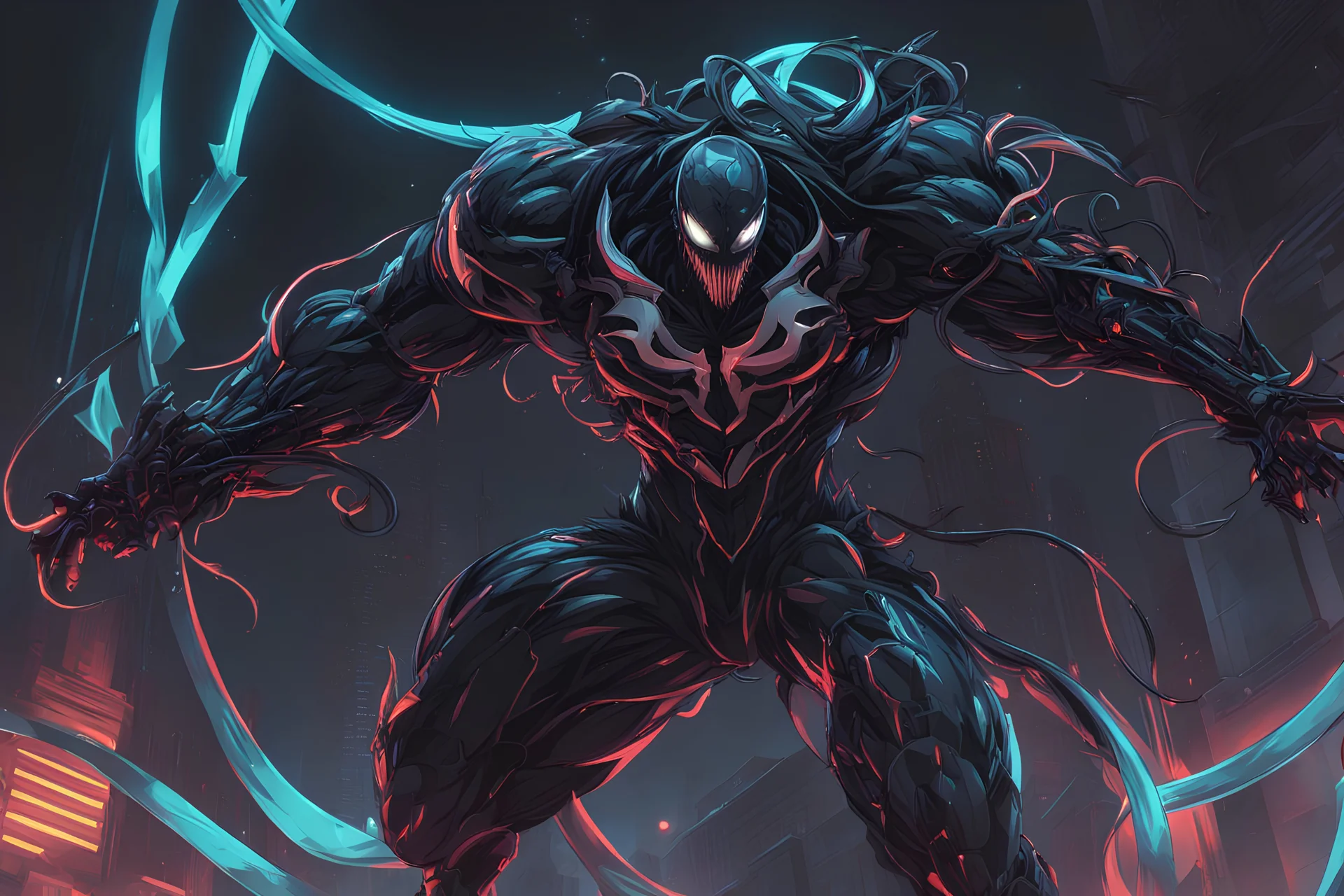 venom machine in solo leveling shadow artstyle, nightmare them, neon lights, full body, apocalypse, intricate details, highly detailed, high details, detailed portrait, masterpiece,ultra detailed,best quality