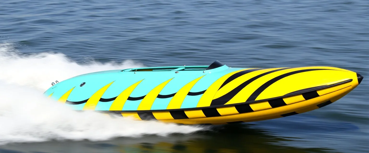 full speed aqua hornet patterned double banana boat with black and yellow wasp stripes