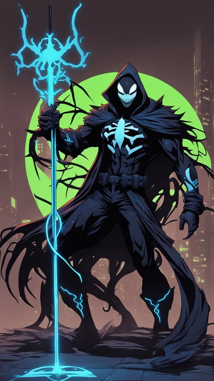 Mix between venom symbiote and Reaper in solo leveling shadow style with neon glowing blue