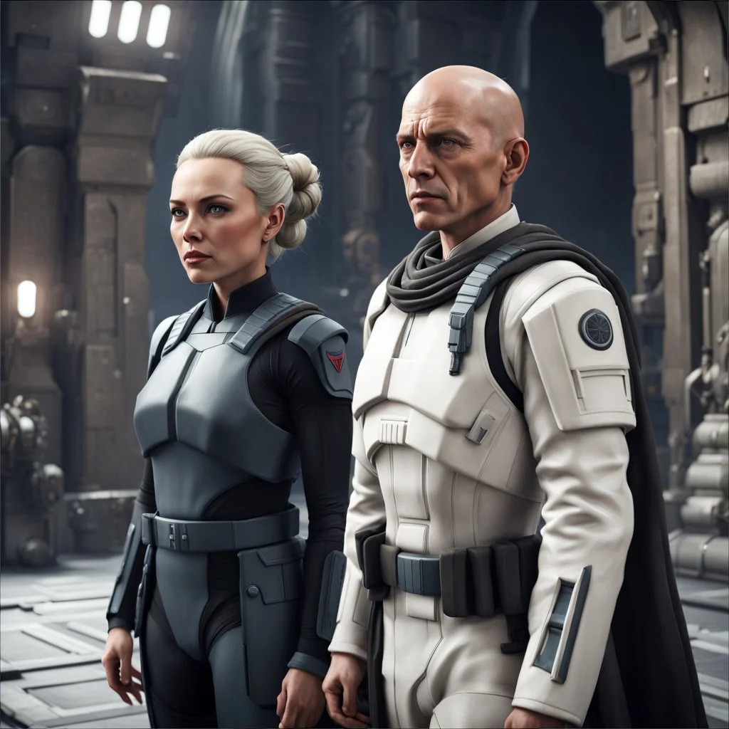 a bold and heroic bald male Corellian pilot in black and metallic grey First Order special forces gear meets a female Jedi Master in ancient, mystical temple, hyperdetailed, dynamic lighting, hyperdetailed background, 8k resolution, volumetric lighting, light skin, fully symmetric details