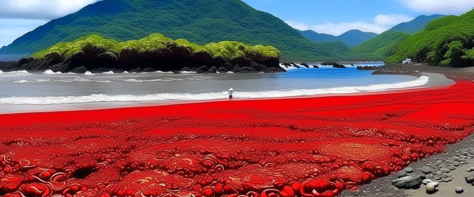 A red beach with an active volcano designed in Matryoshka dolls painted by Jean Dubuffet