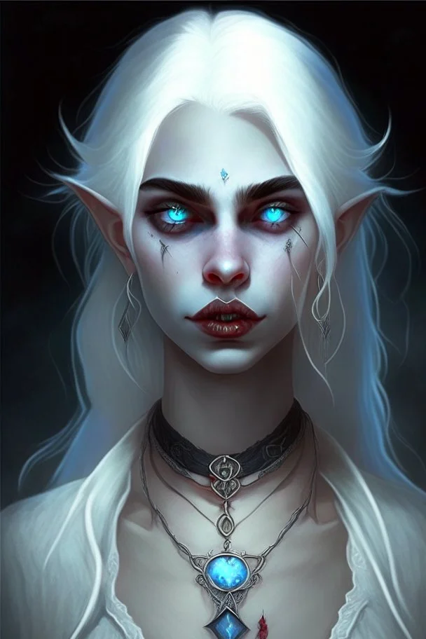 hauntingly beautiful character for dnd, young vampire woman with white hair and blue eyes, angel, with moon necklace, lips slightly parted showing fangs