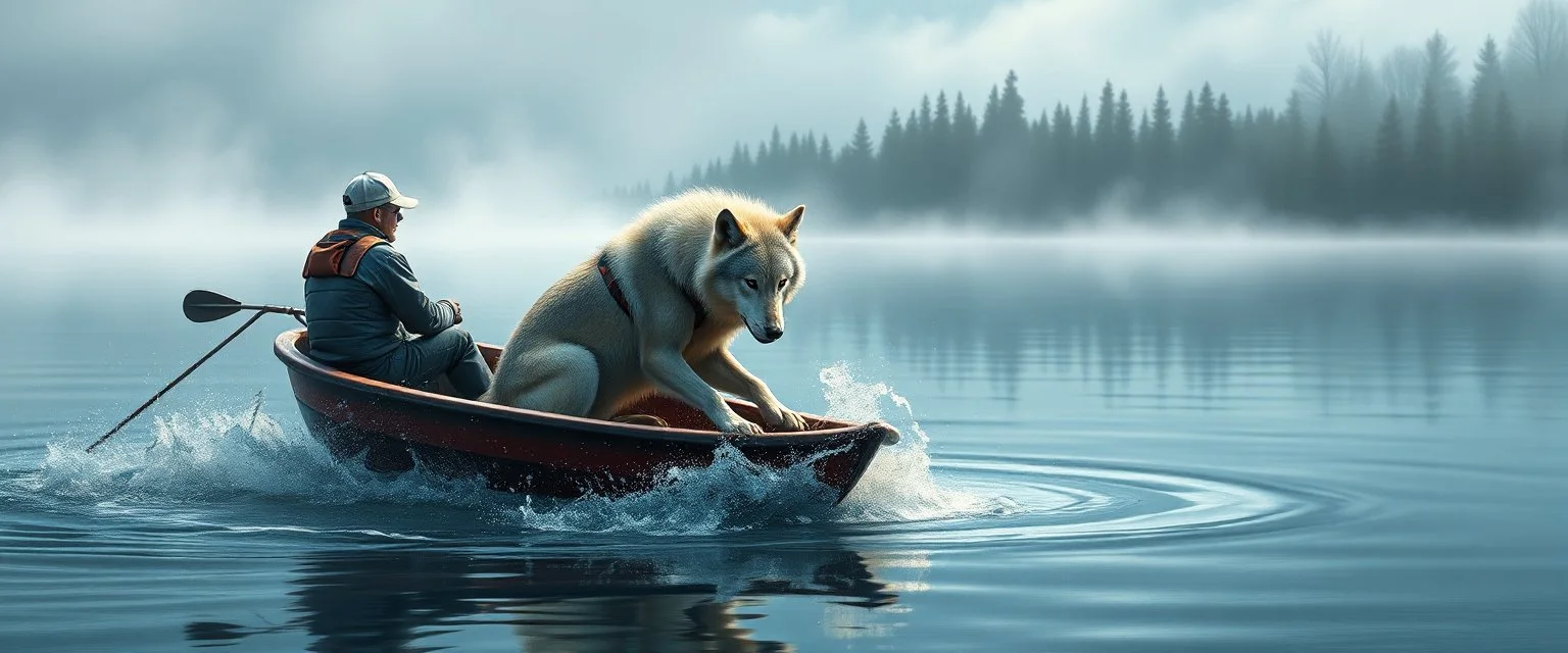 airbrush 3d rendering, wolf is being rescued from boat in lake, logo
